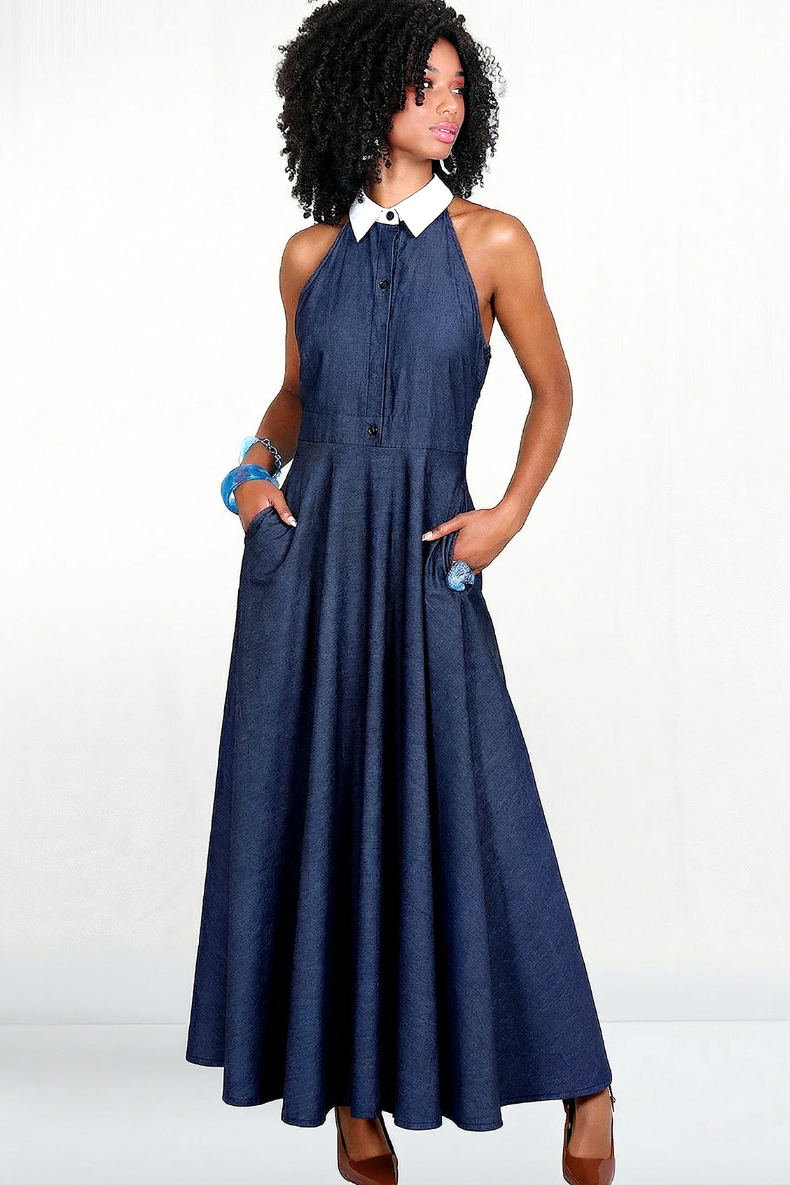 Talia Sleeveless White Collar Shirt Dress - Dark Denim