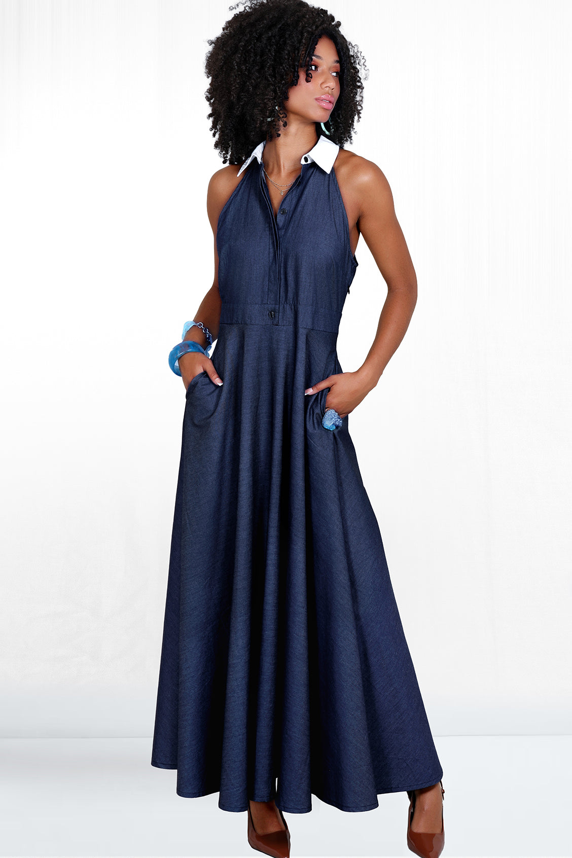 Talia Sleeveless White Collar Shirt Dress - Dark Denim