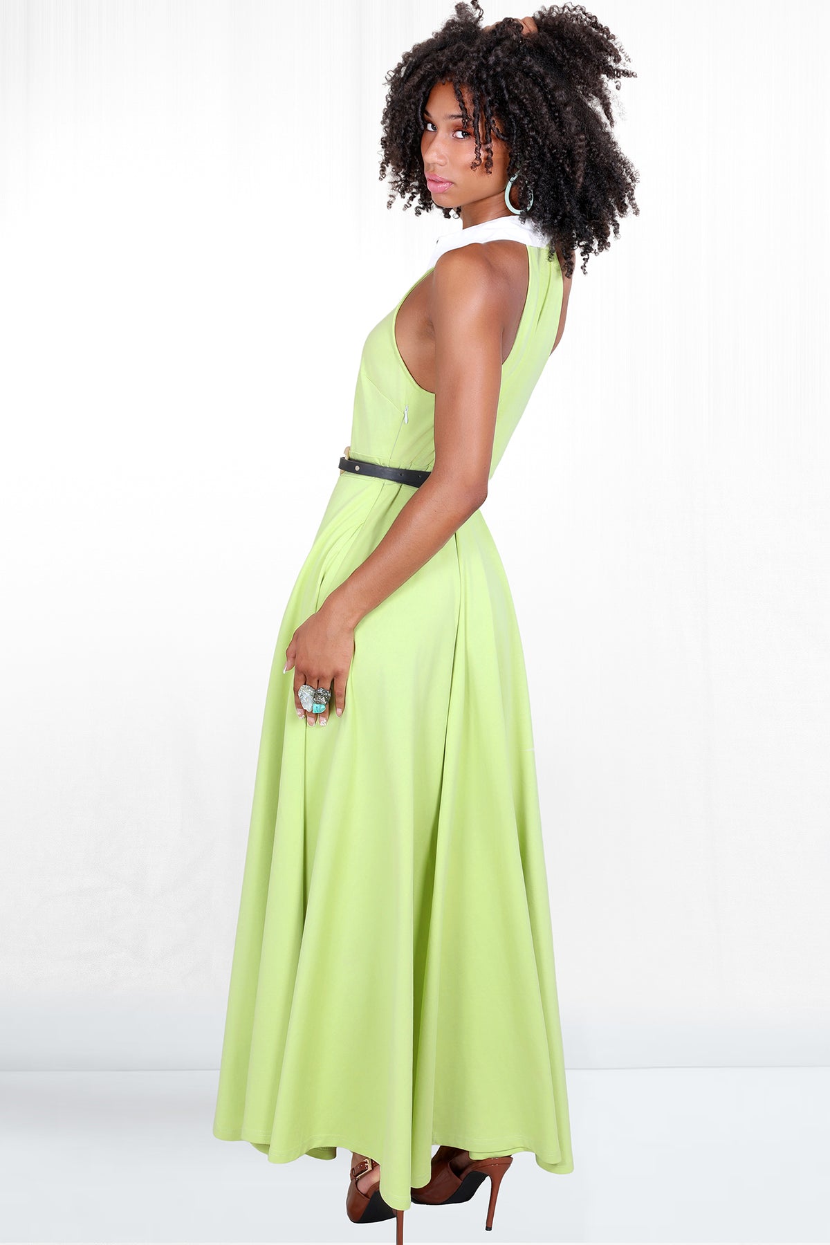 Talia Sleeveless White Collar Shirt Dress - Lime