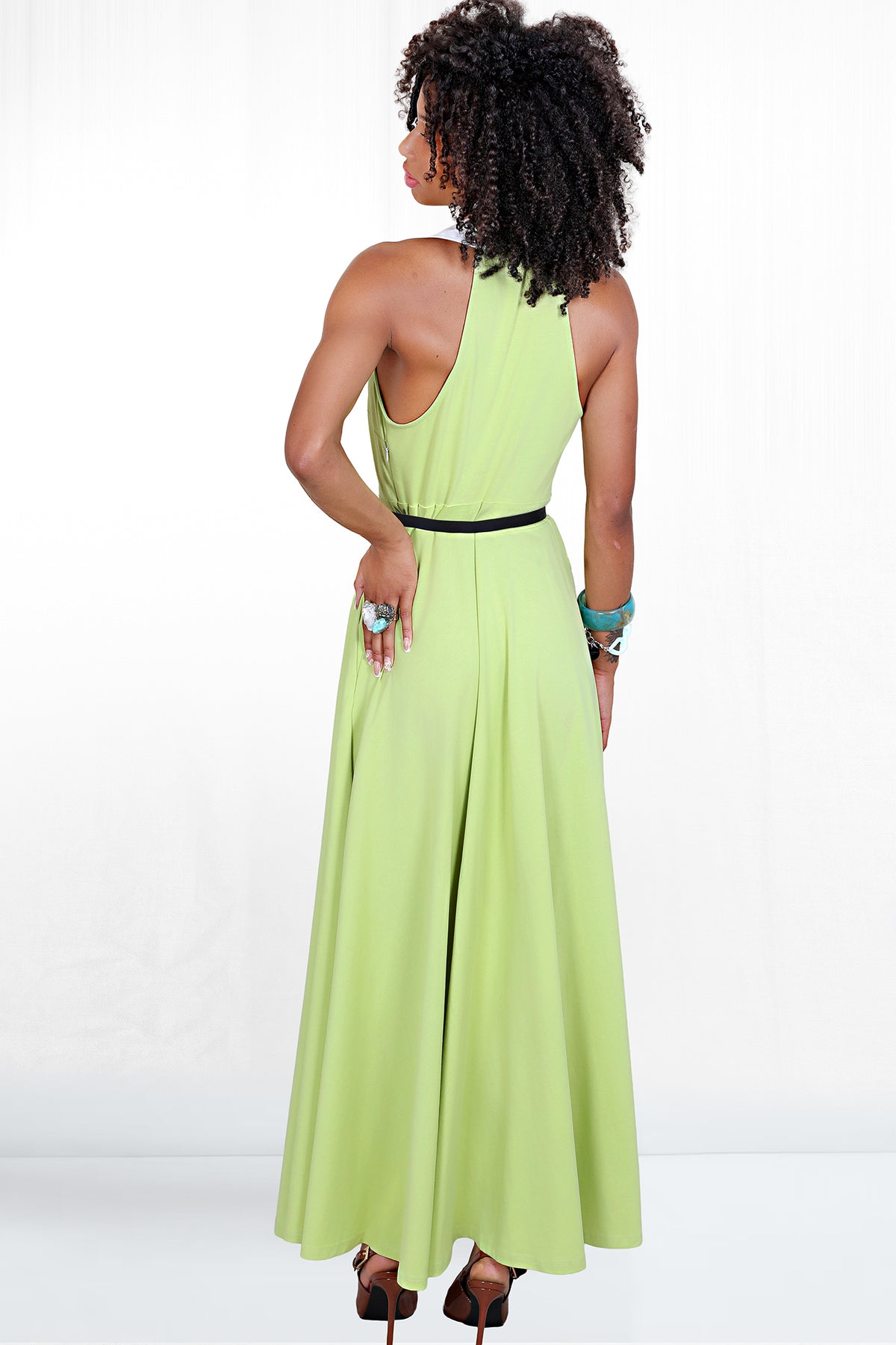 Talia Sleeveless White Collar Shirt Dress - Lime