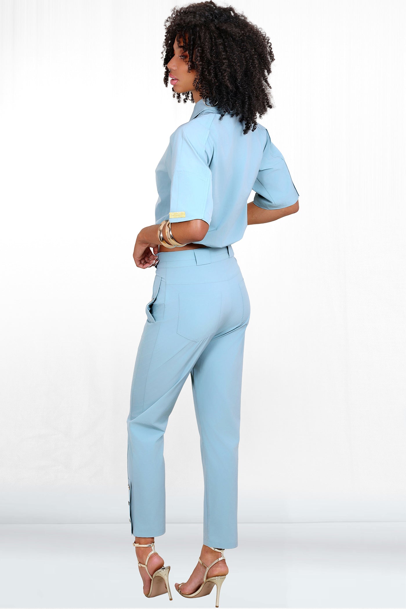 Kayla Cropped 3-Button Ankle Gold Buckle Belted Pant