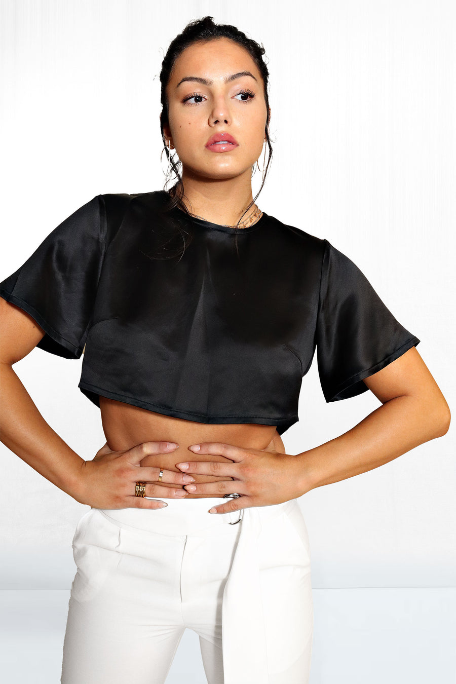 Poppy Short Sleeve Tie Back Seemless Silky Crop Top