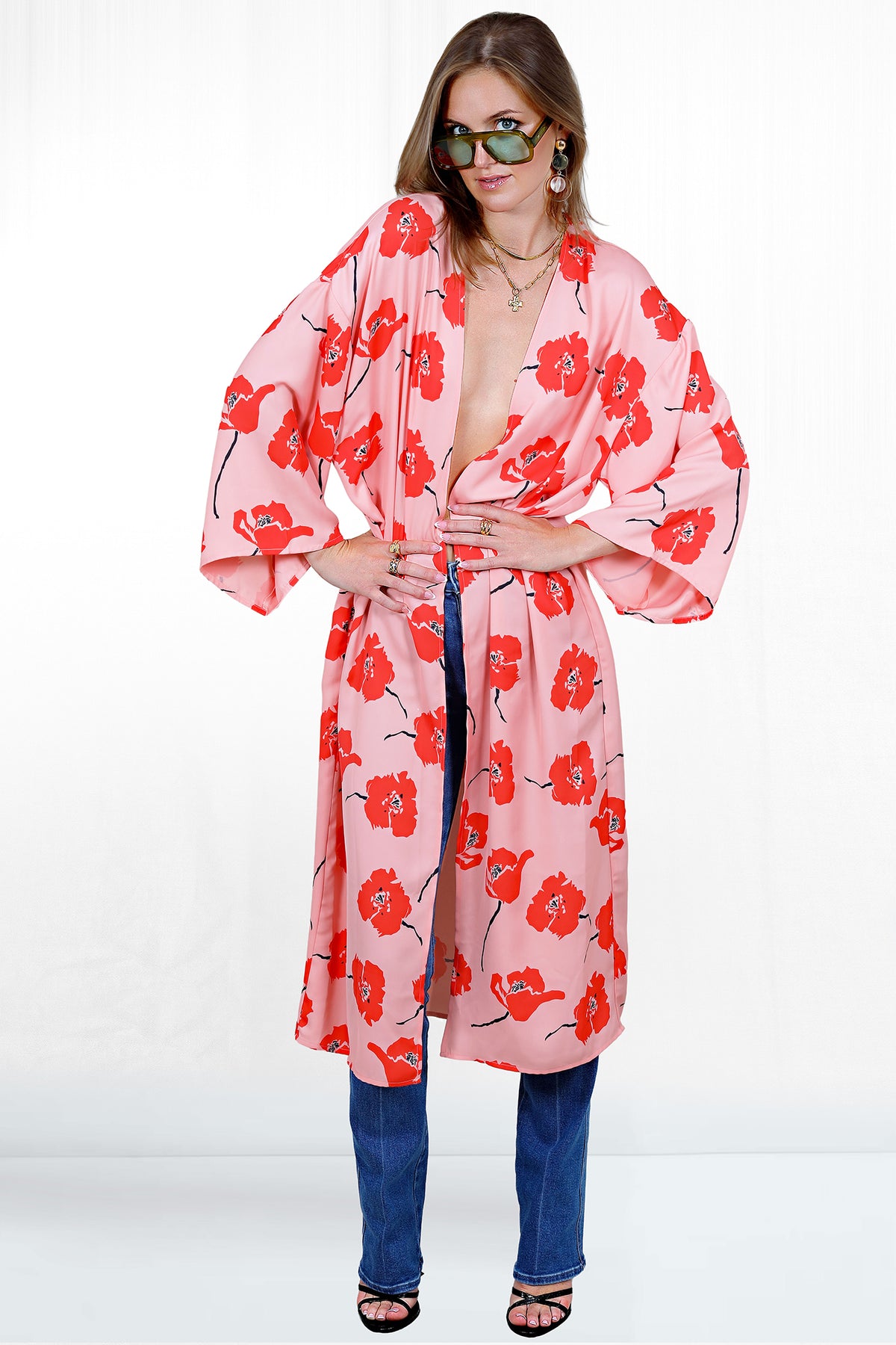 Tessa Pink Peony Print Wide Sleeve Midi Duster