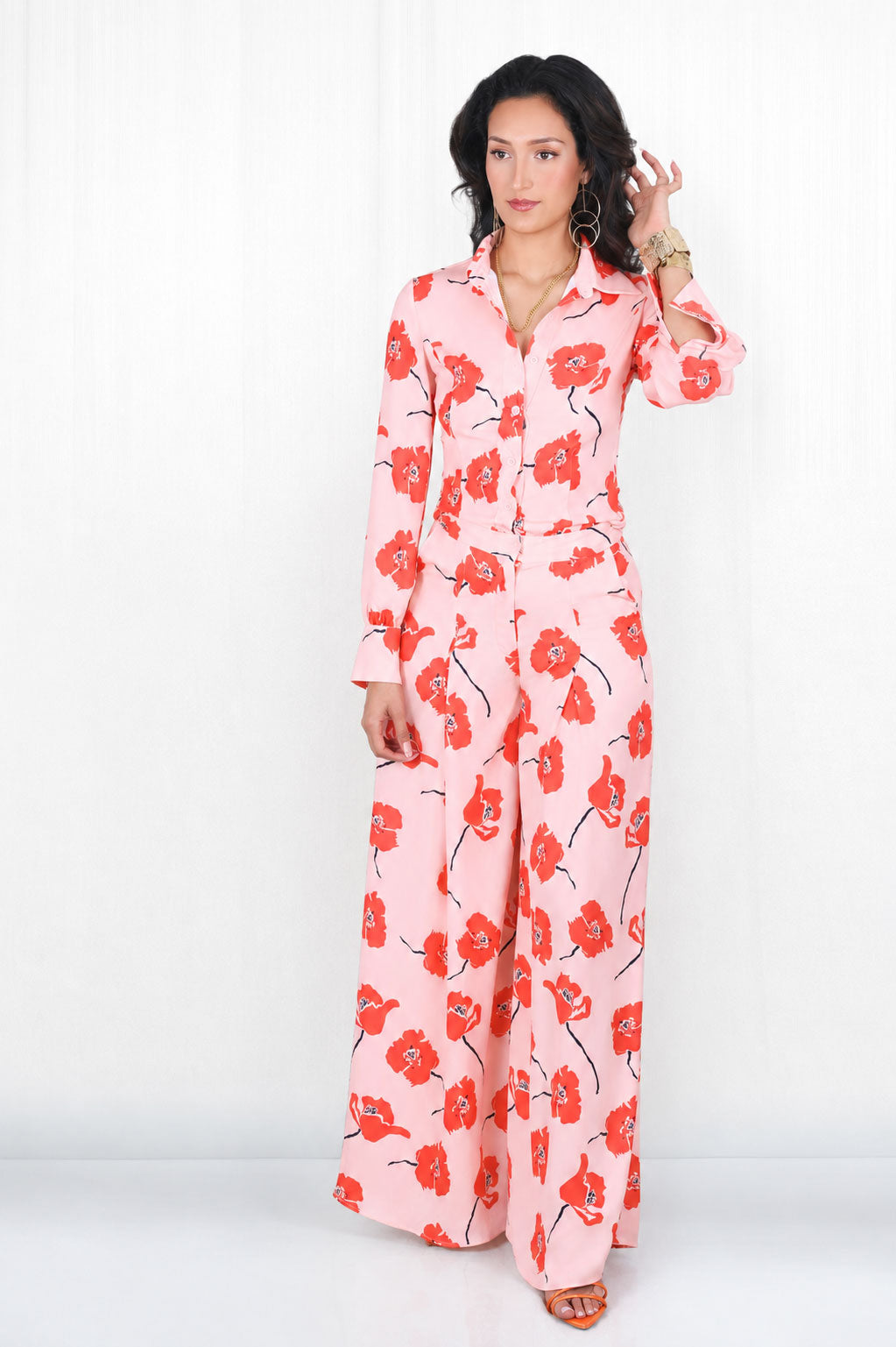 Tessa Pink Peony Long Sleeve Button Down Blouse