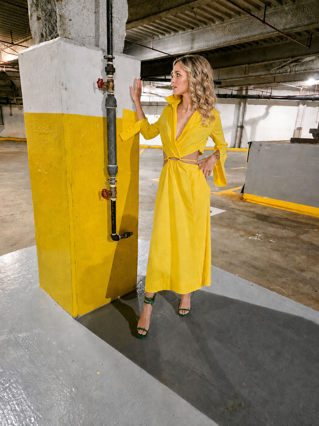 Peacock Yello Long Sleeve Side Cutout Dress