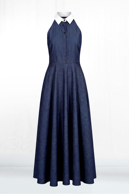 Talia Sleeveless White Collar Shirt Dress - Dark Denim 