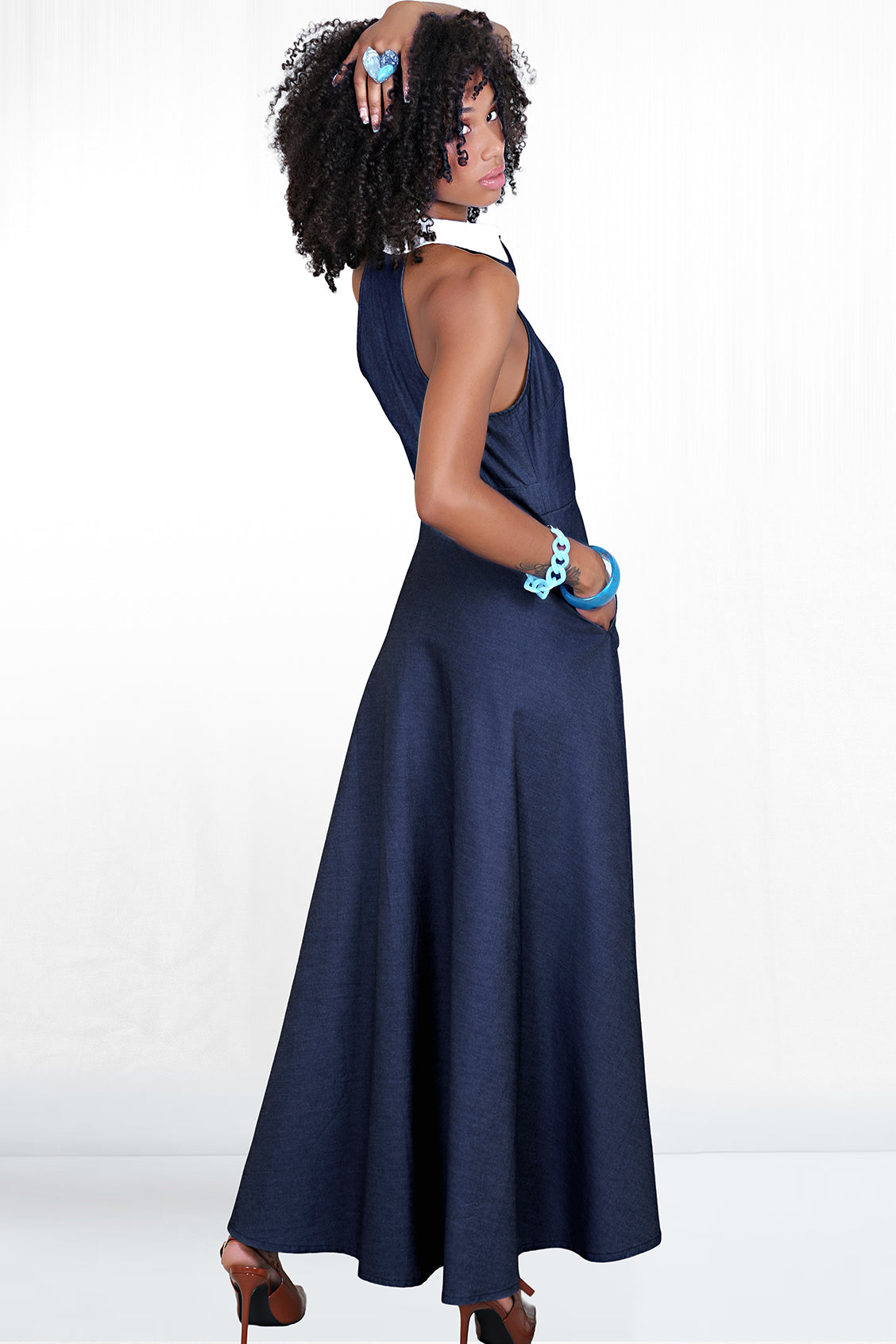 Talia Sleeveless White Collar Shirt Dress - Dark Denim 