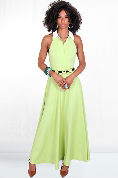 Talia Sleeveless White Collar Shirt Dress - Lime 