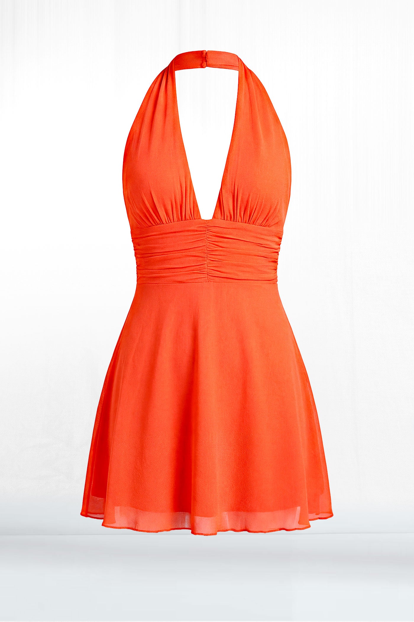 Elisa Halter Plunge Neck Tie Back Waist Mesh Dress