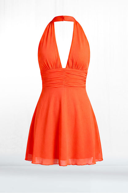 Elisa Halter Plunge Neck Tie Back Waist Mesh Dress