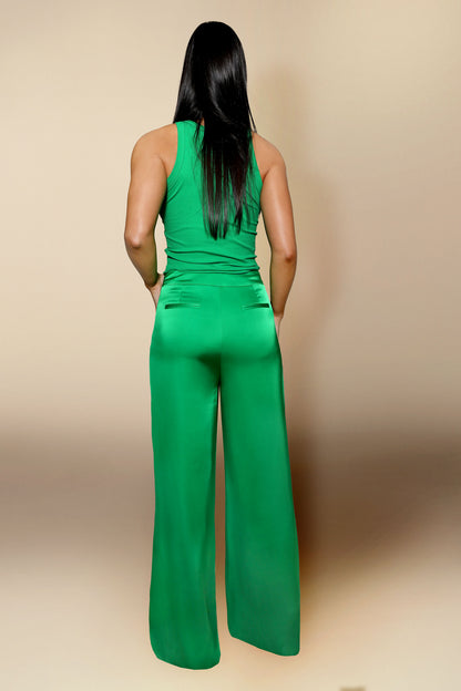 Ellie Flat Front Wide Leg Loose Fit Silky Emerald Pant