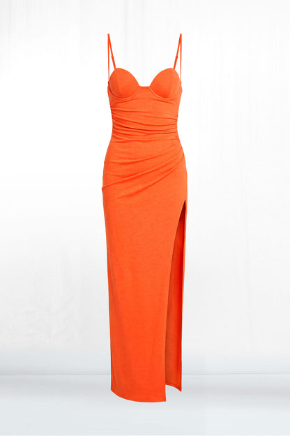 Heather Spaghetti-Strap Bustier Slit Dress