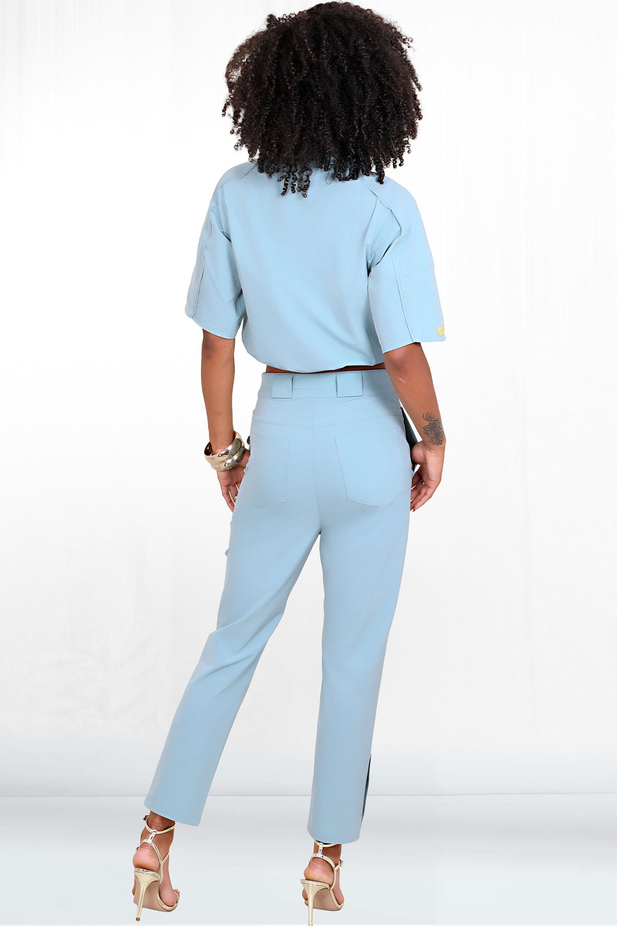 Kayla Cropped 3-Button Ankle Gold Buckle Belted Pant