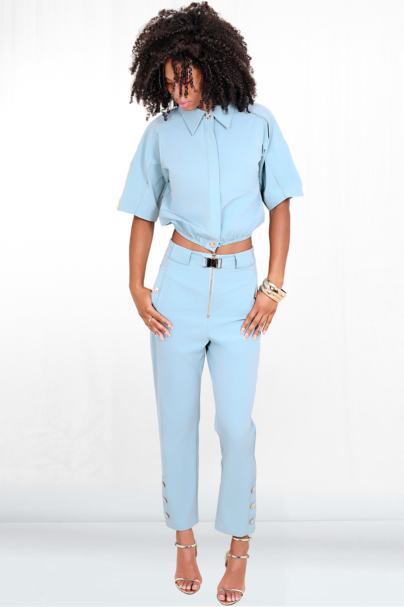 Kayla Cropped 3-Button Ankle Gold Buckle Belted Pant