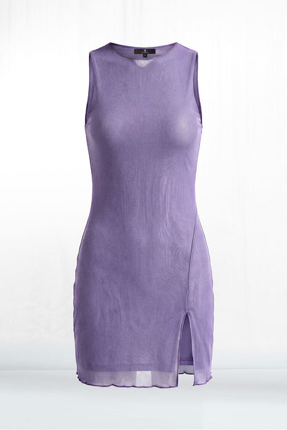 Lainey Sleeveless High Slit Lettuce Trim Mini Dress