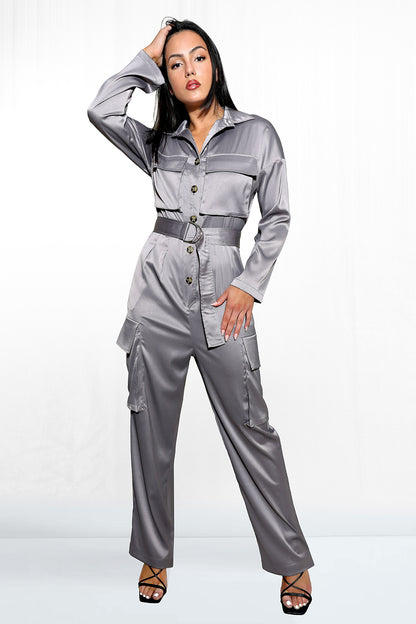 Milano Straight Leg Button Down Silky Cargo Jumpsuit