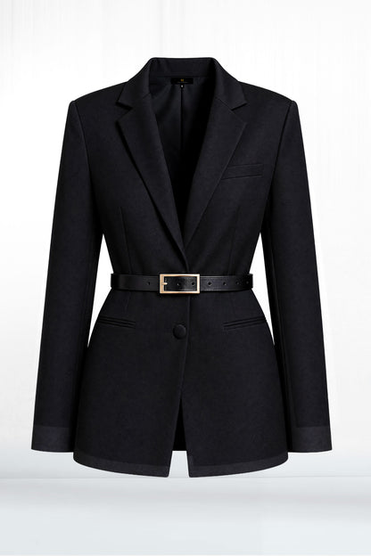 Natalia Black Two Button Straight Fit Textured Blazer