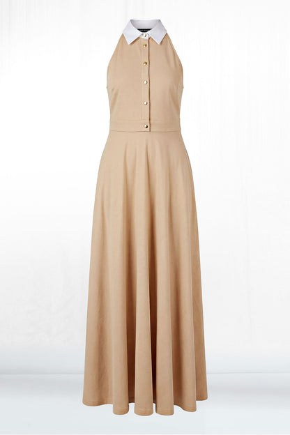 Talia Sleeveless White Collar Shirt Dress - Sand 