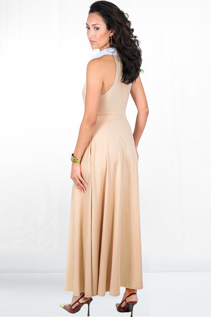 Talia Sleeveless White Collar Shirt Dress - Sand 