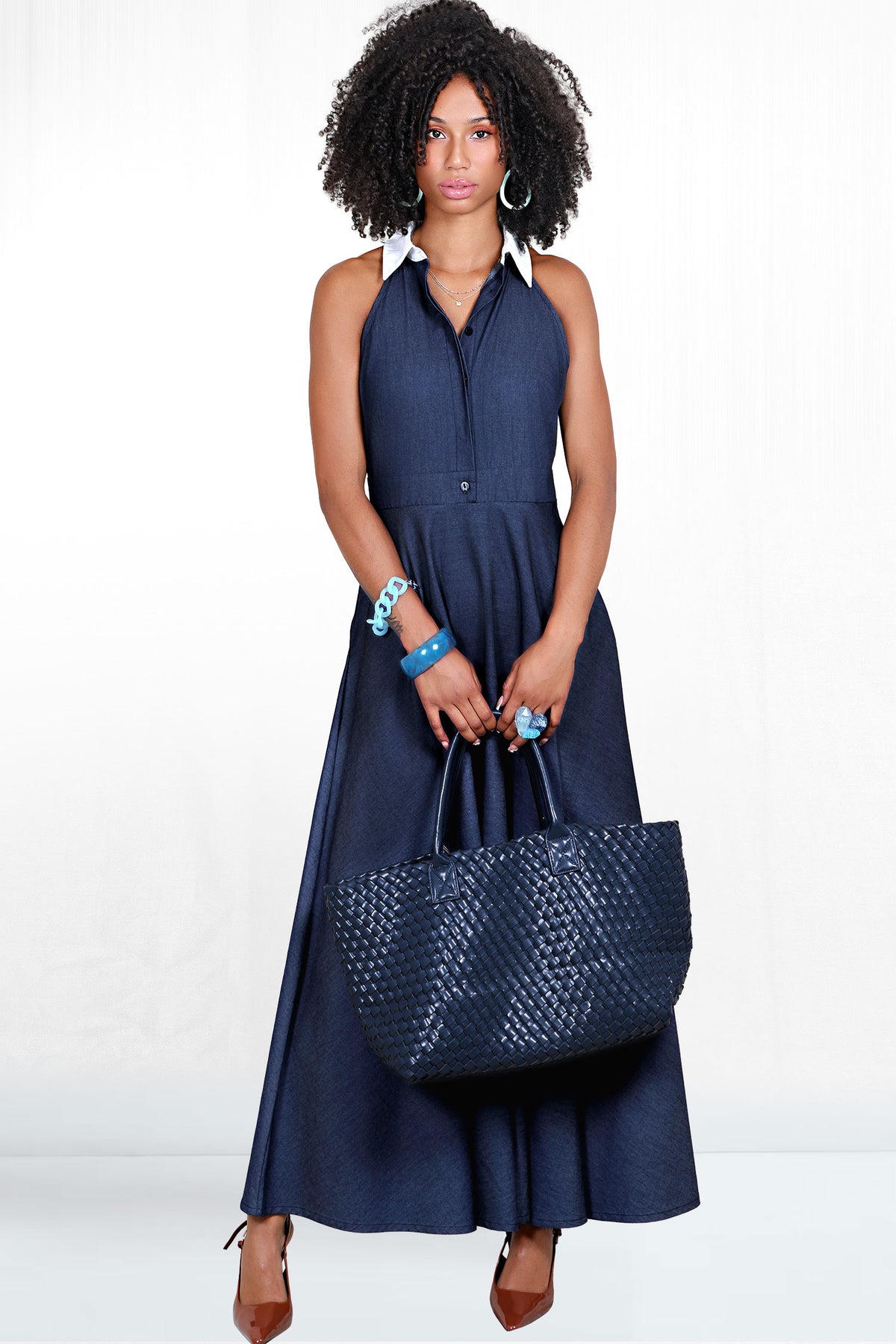 Talia Sleeveless White Collar Shirt Dress - Dark Denim 