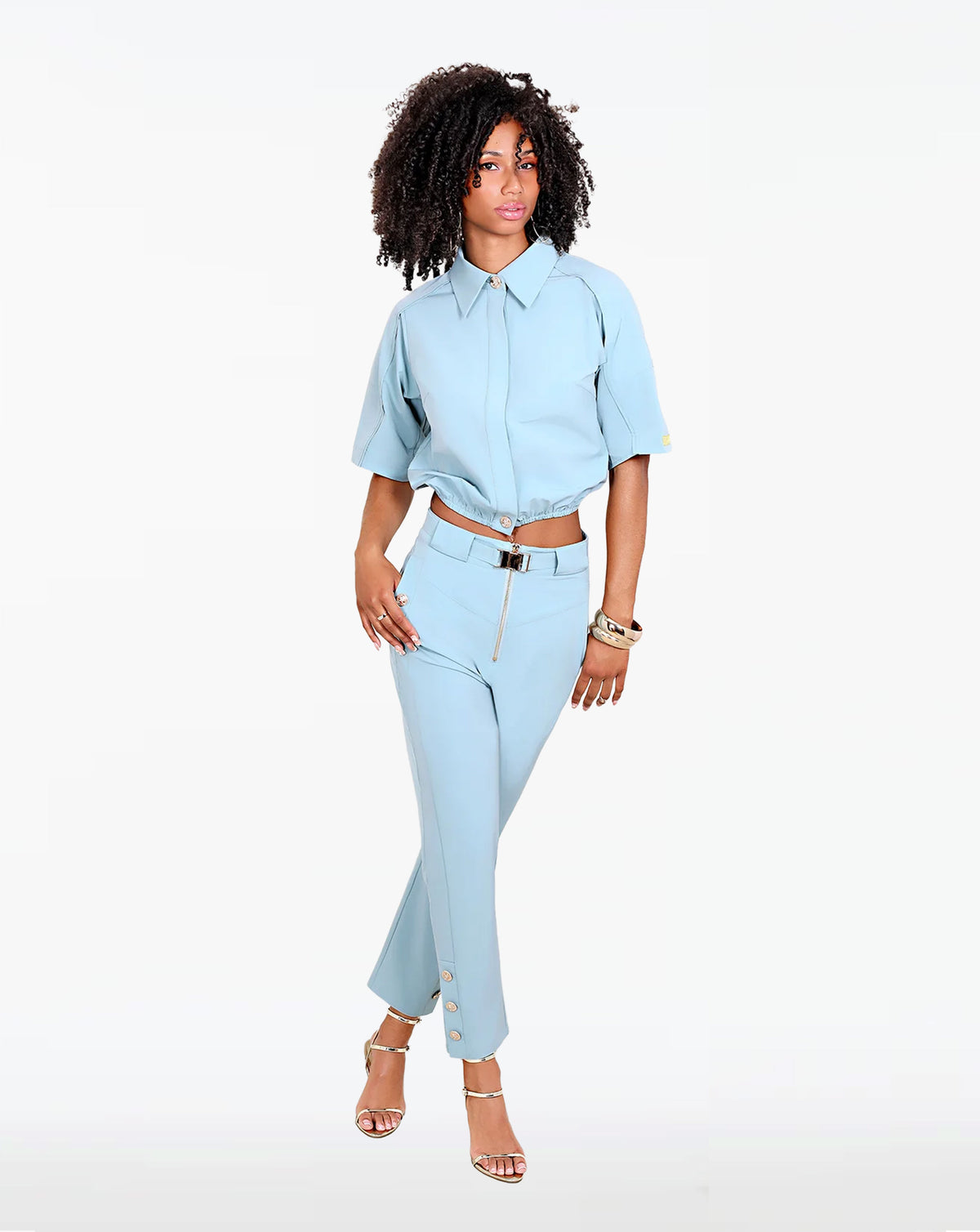 Kayla Cropped 3-Button Ankle Gold Buckle Belted Pant