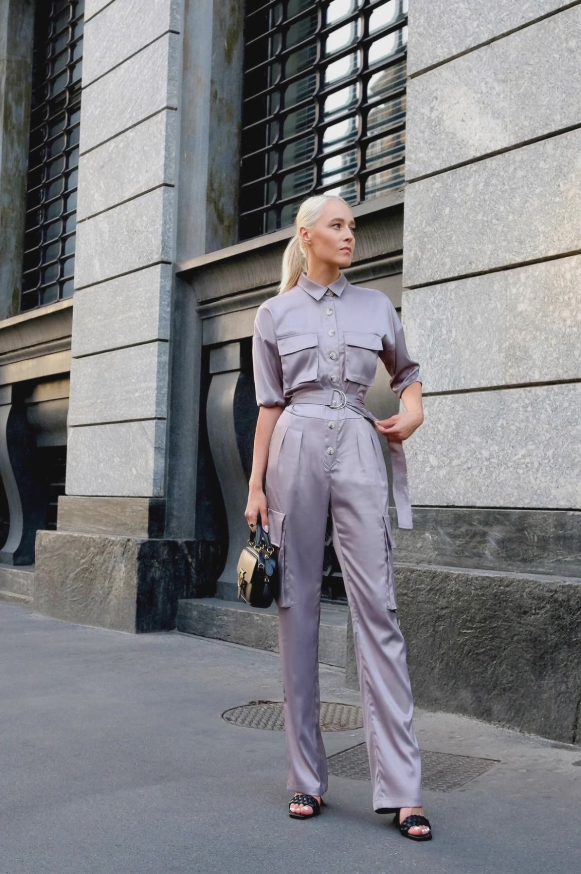 Milano Straight Leg Button Down Silky Cargo Jumpsuit
