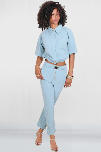 Kayla Cropped 3-Button Ankle Gold Buckle Belted Pant
