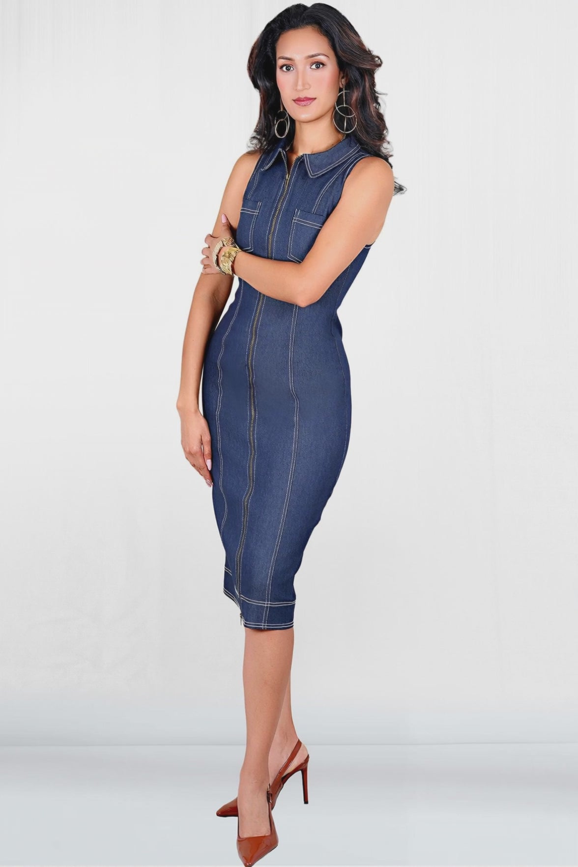 Joule Sleeveless Denim Zip Front Bodycon Midi Dress
