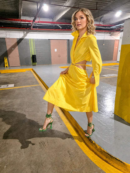 Peacock Yello Long Sleeve Side Cutout Dress