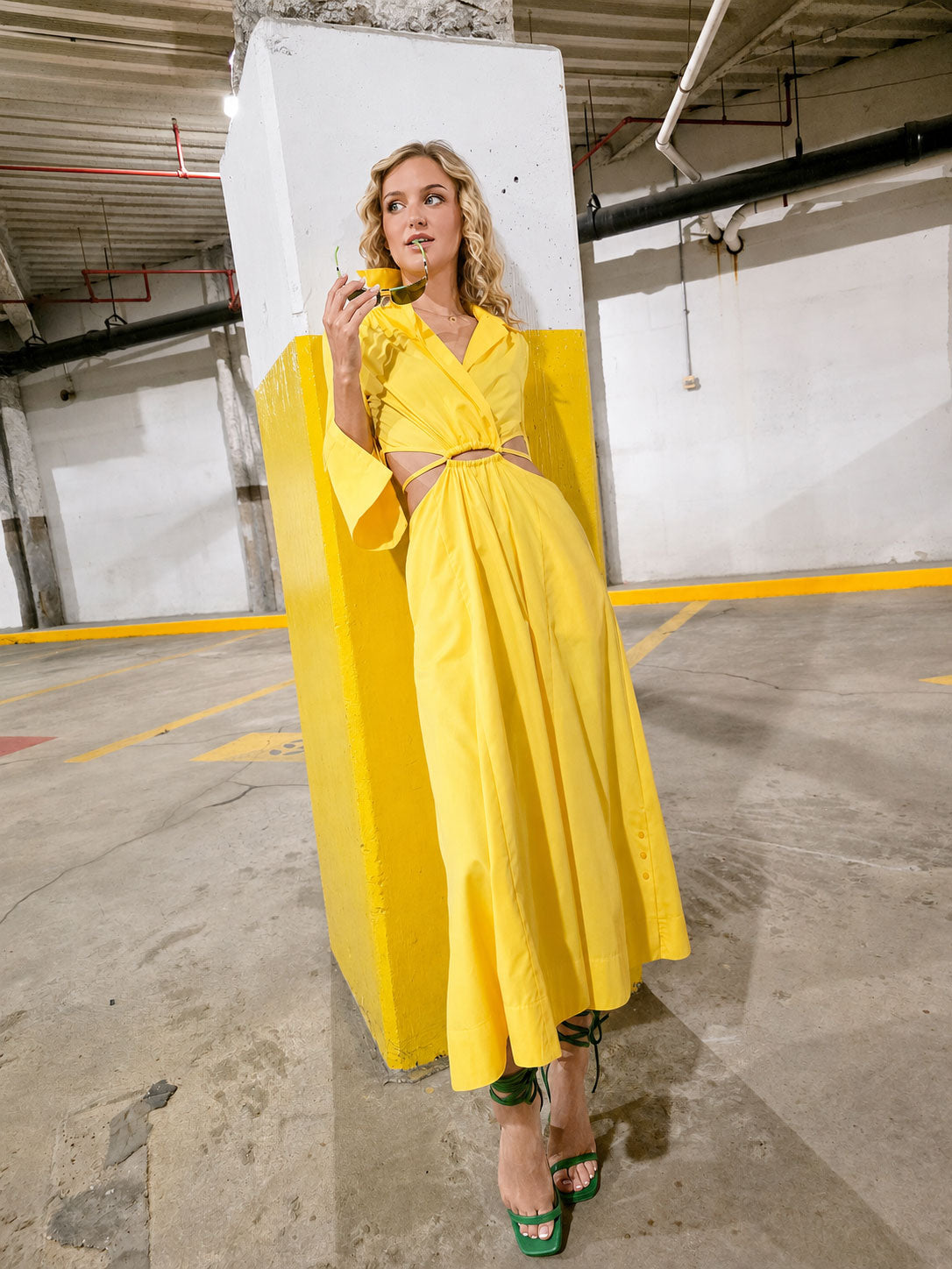 Peacock Yello Long Sleeve Side Cutout Dress