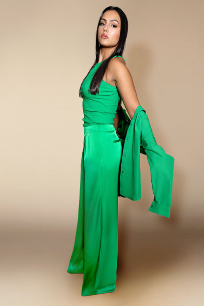 Ellie Flat Front Wide Leg Loose Fit Silky Emerald Pant